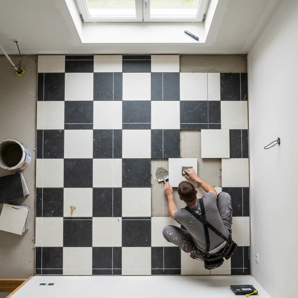 Checkerboard tile alignment with chalk grid lines on floor