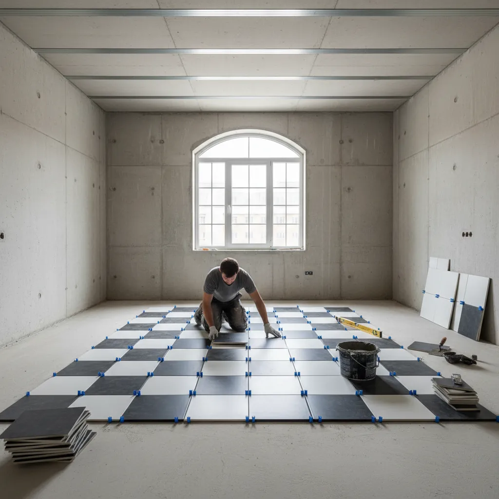 Black and white checkerboard tiles being installed from room center
