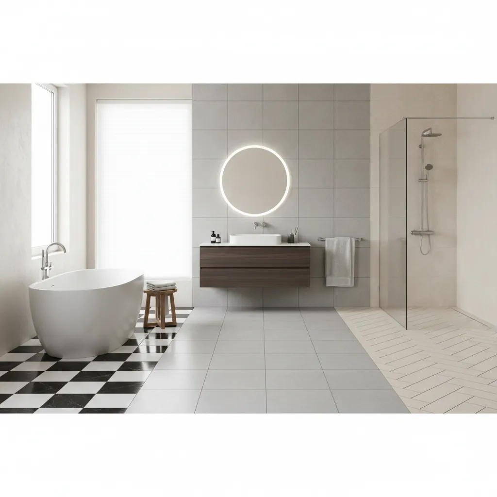 Interior design drawing of bathroom showing checkered gray and white floor tile patterns for layout