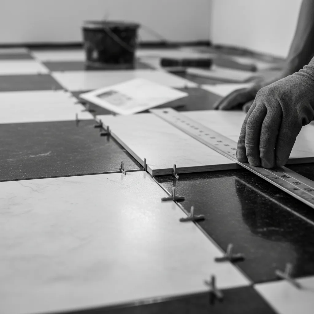 close-up of tile spacers ensuring alignment of black and white checkerboard tiles