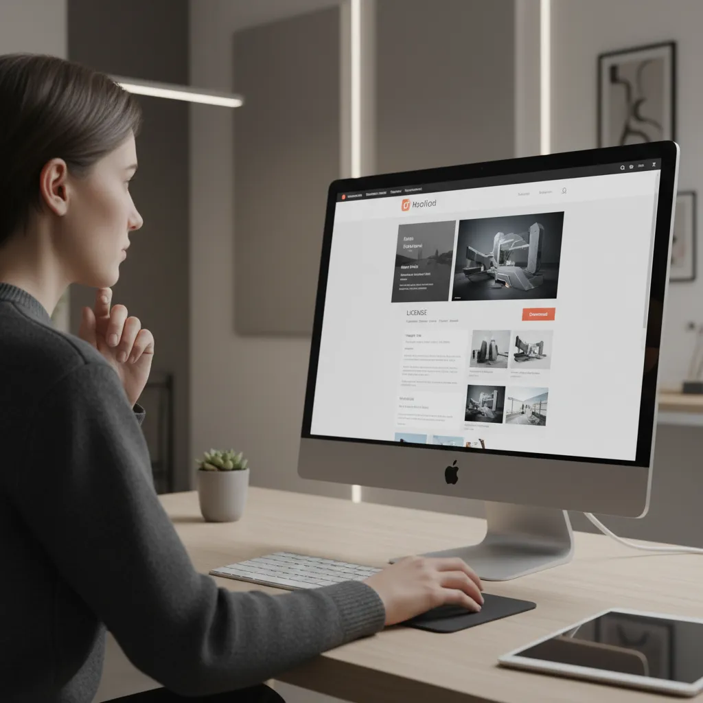 Designer reviewing license information on a 3D model download page on a computer screen