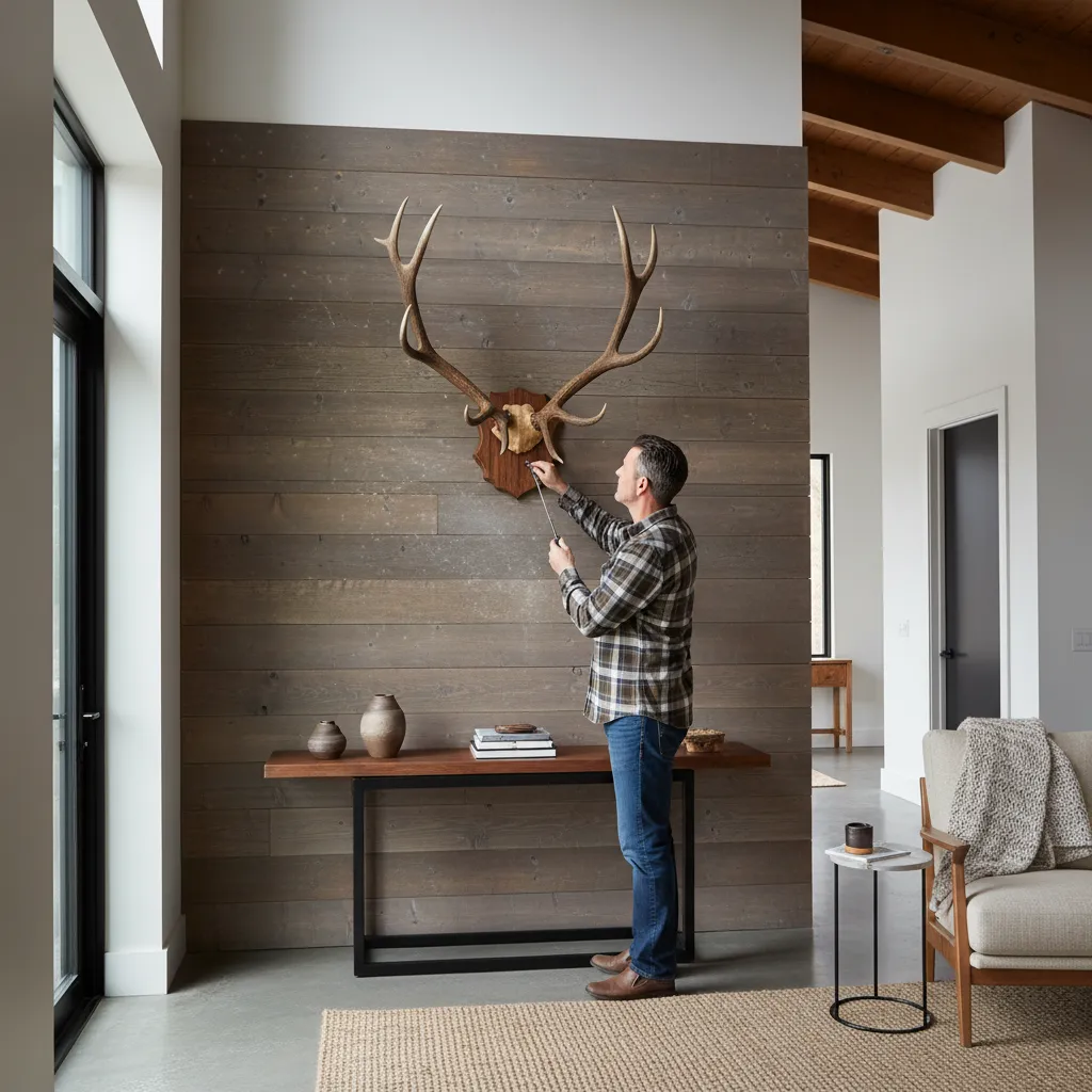 Homeowner checking stability of mounted elk antlers on wall