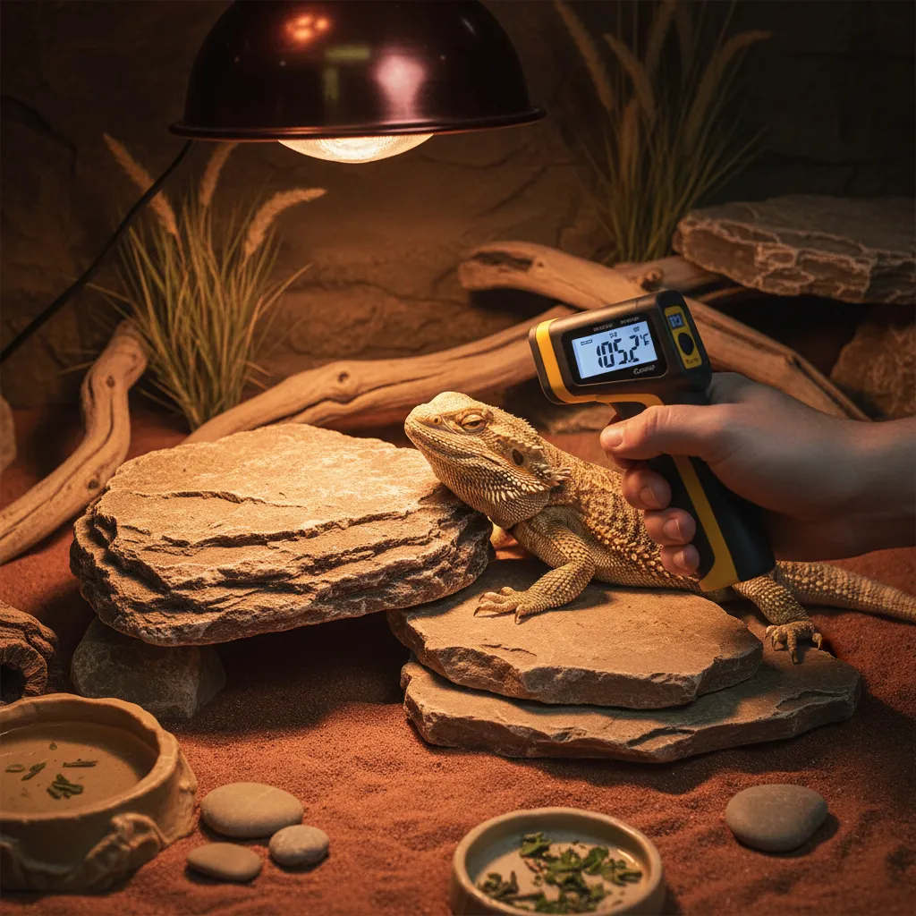 Using infrared thermometer to measure basking rock temperature in reptile terrarium
