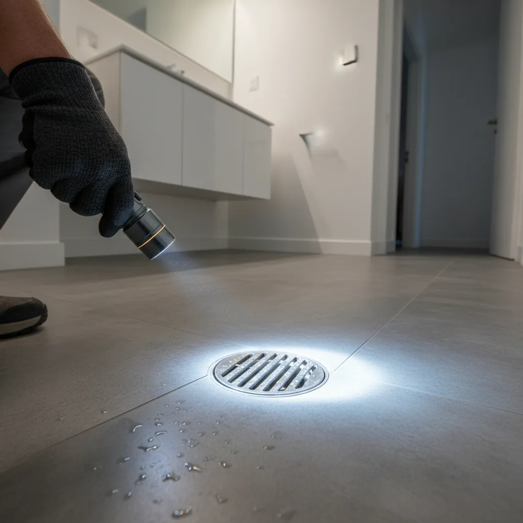 Person inspecting bathroom drain with flashlight to check for mosquito larvae