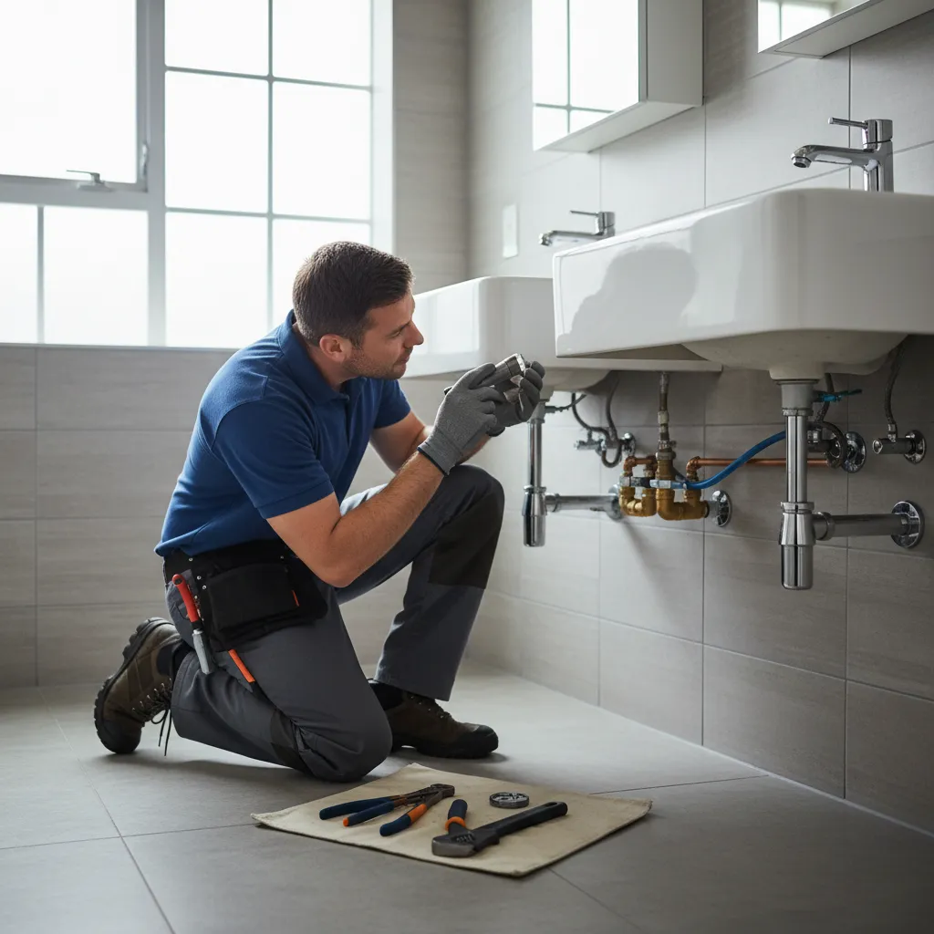 Contractor inspecting bathroom tap installation quality