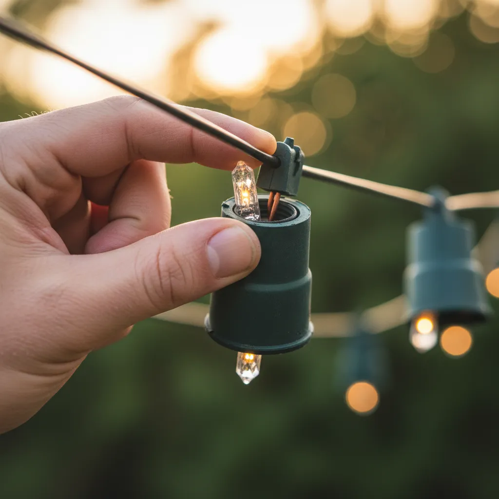 Close-up of hand replacing a small LED bulb in outdoor string lights