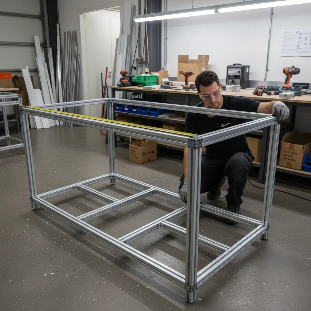 Measuring diagonal alignment of aluminium cabinet frame