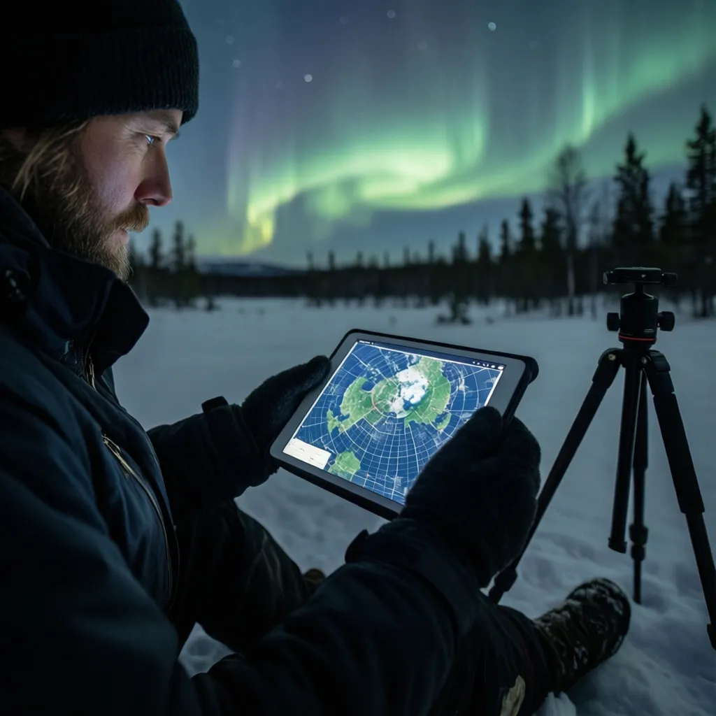 Traveler checking satellite cloud map on tablet during aurora hunt