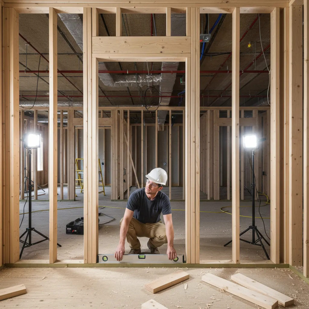 Builder using a level to check door rough opening alignment