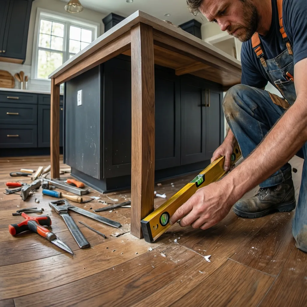 Level tool checking floor alignment under kitchen island leg