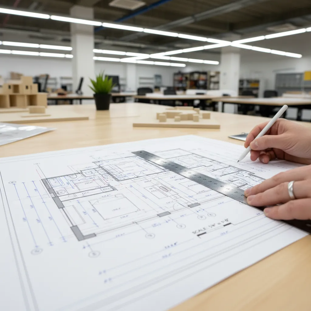 Designer measuring a printed floor plan to verify scale accuracy using a ruler