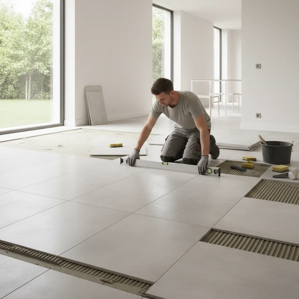 contractor checking tile level using long spirit level on newly installed floor
