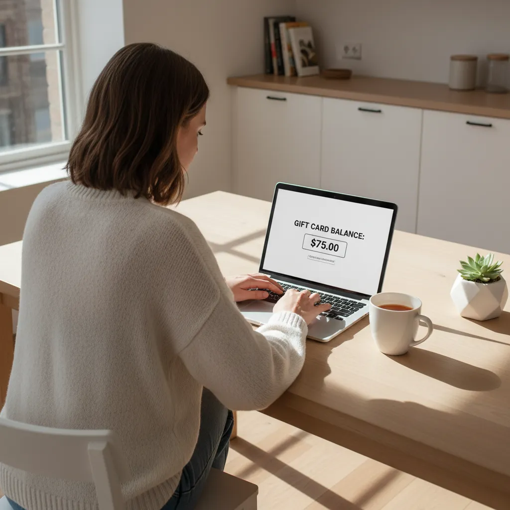 person checking restaurant gift card balance on laptop at home