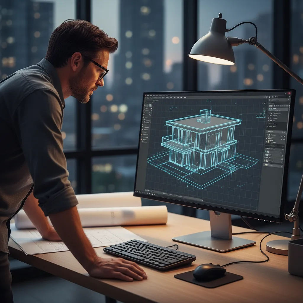 Designer reviewing a 3D house interior design drawing on a computer screen in an office