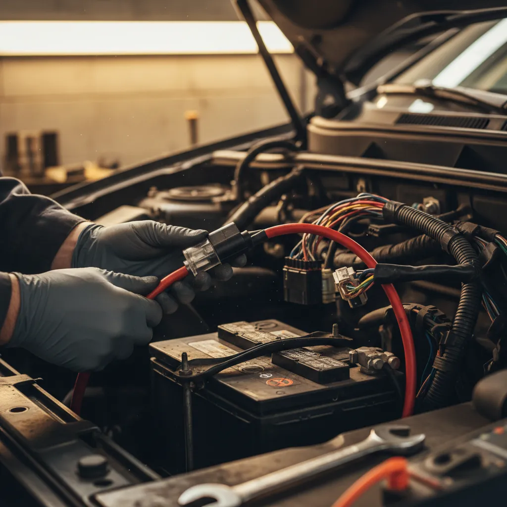 Technician inspecting inline fuse on vehicle accessory wiring