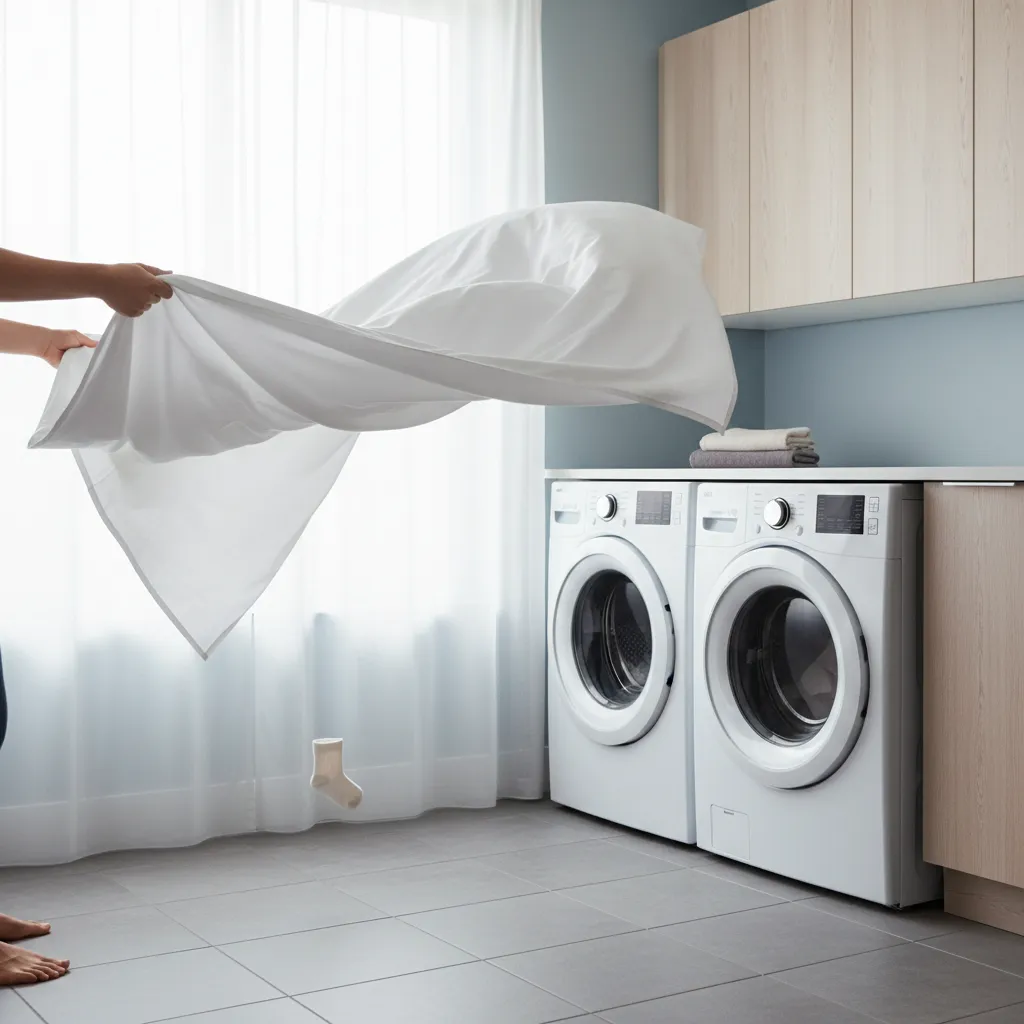 Person shaking out bed sheets near laundry machine to find hidden socks