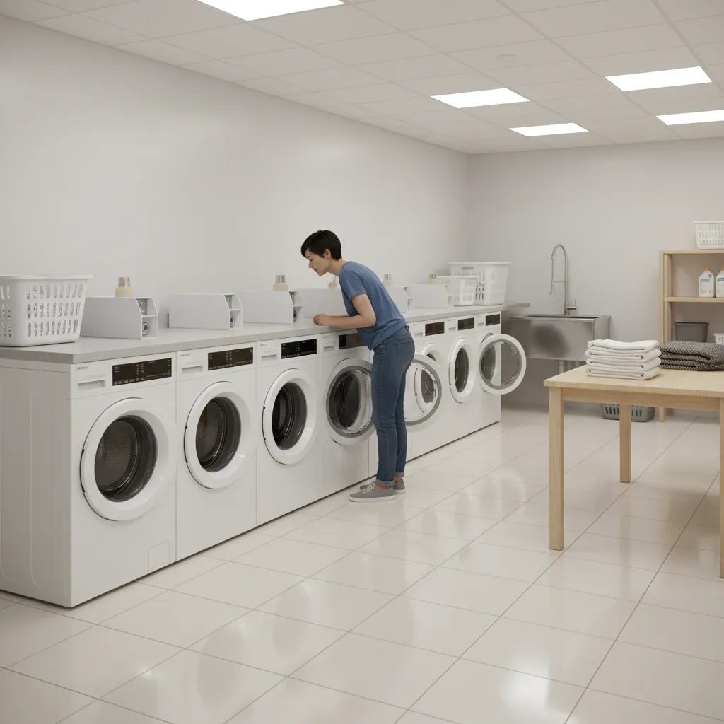 Apartment resident checking washing machines and folding tables in shared laundry room