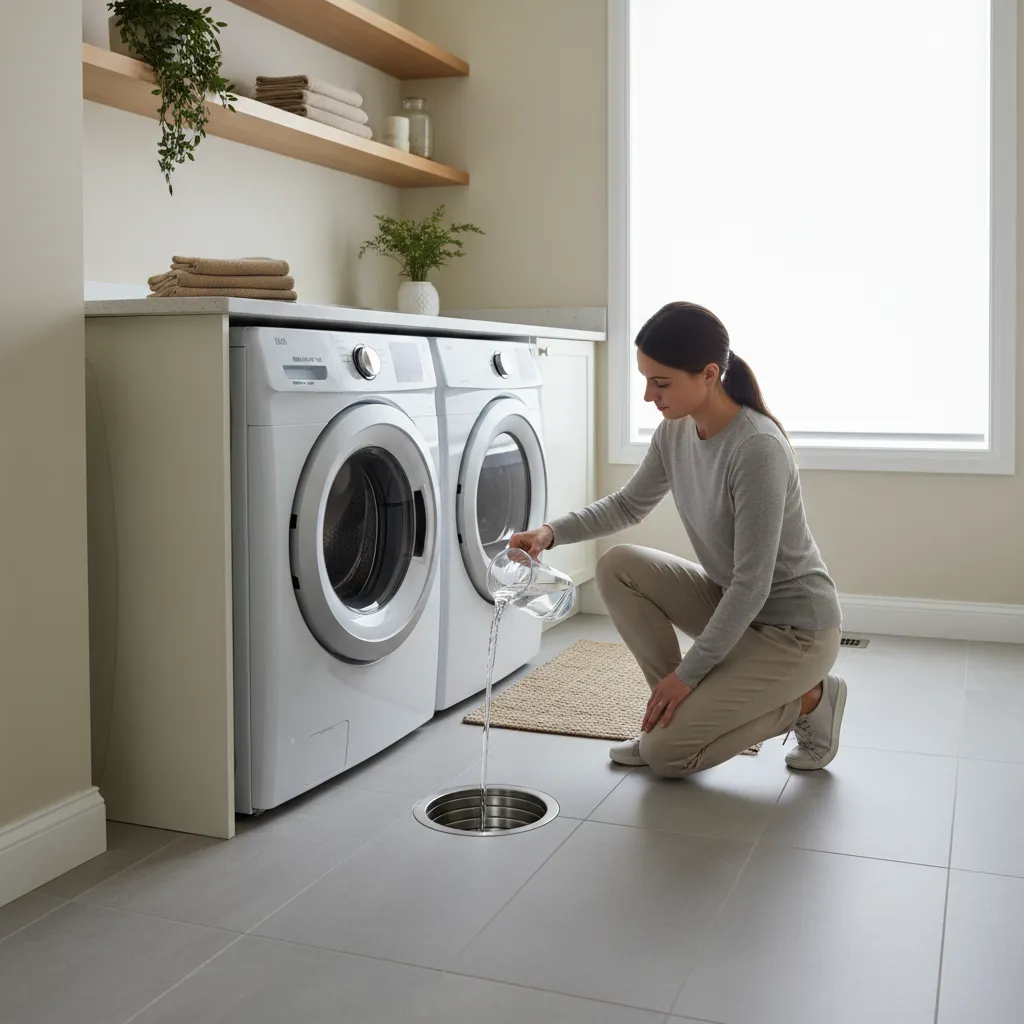 homeowner checking laundry room floor drain trap to prevent sewer gas