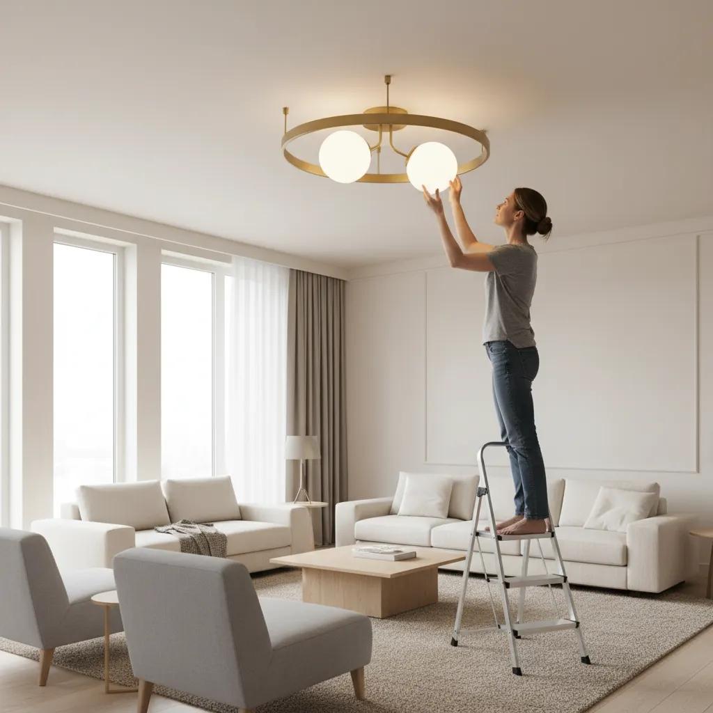 Person checking a ceiling light bulb in a modern home fixture