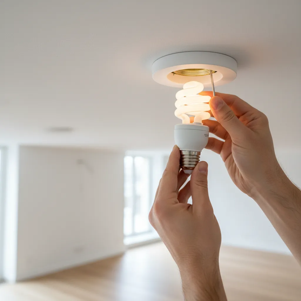 Person checking electrical socket connection of a light bulb