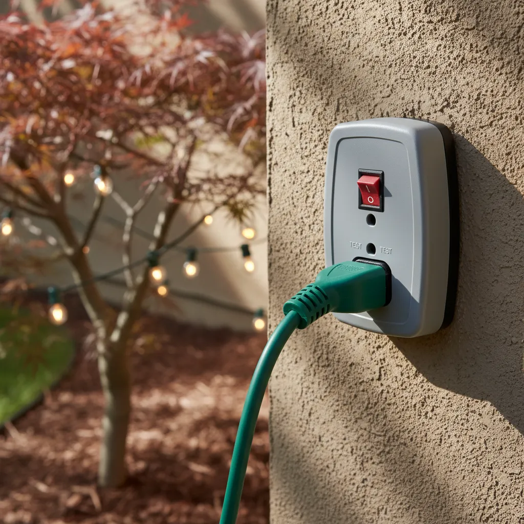 Person checking outdoor GFCI outlet connected to decorative tree lights