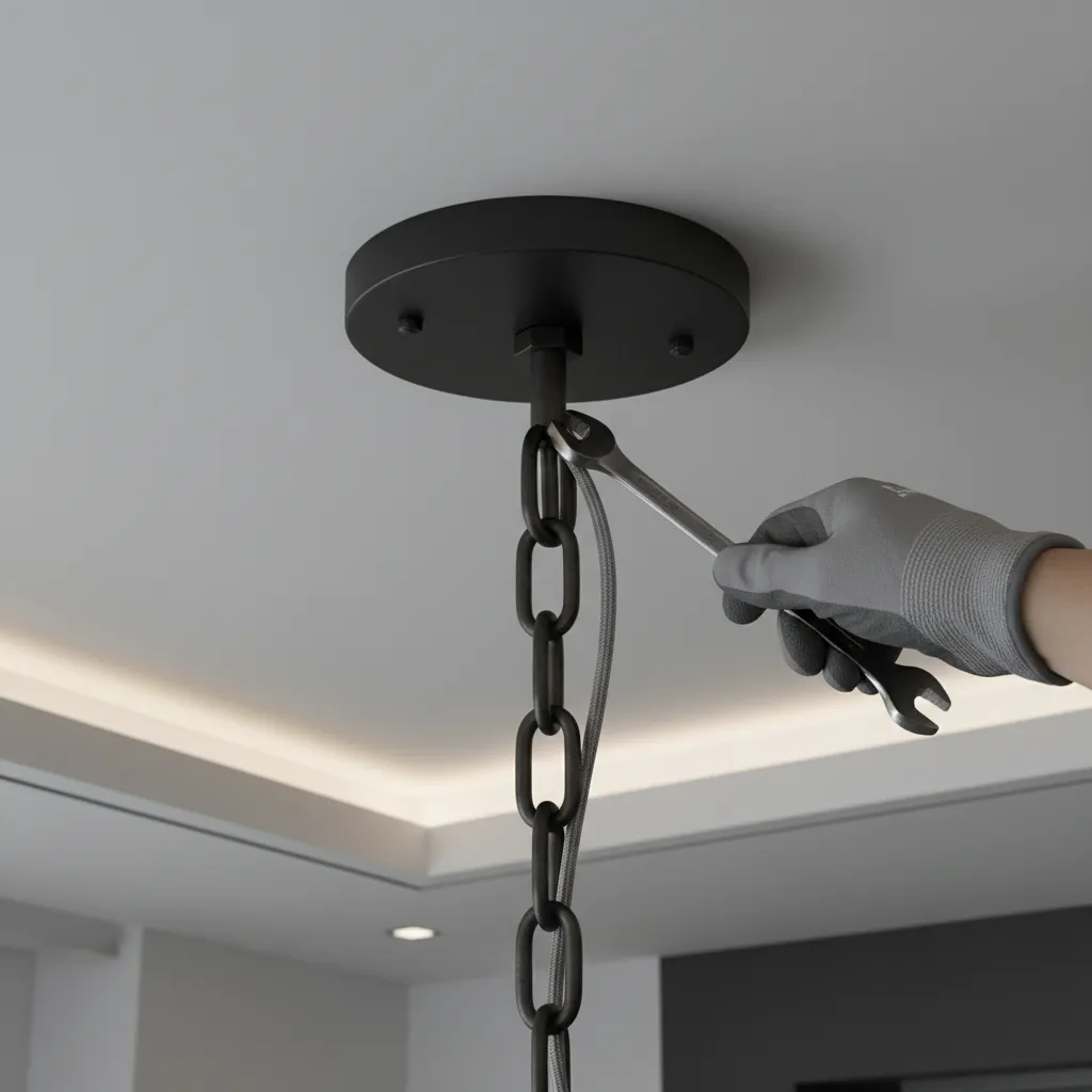 close view of ceiling canopy and chain mount of a pendant light