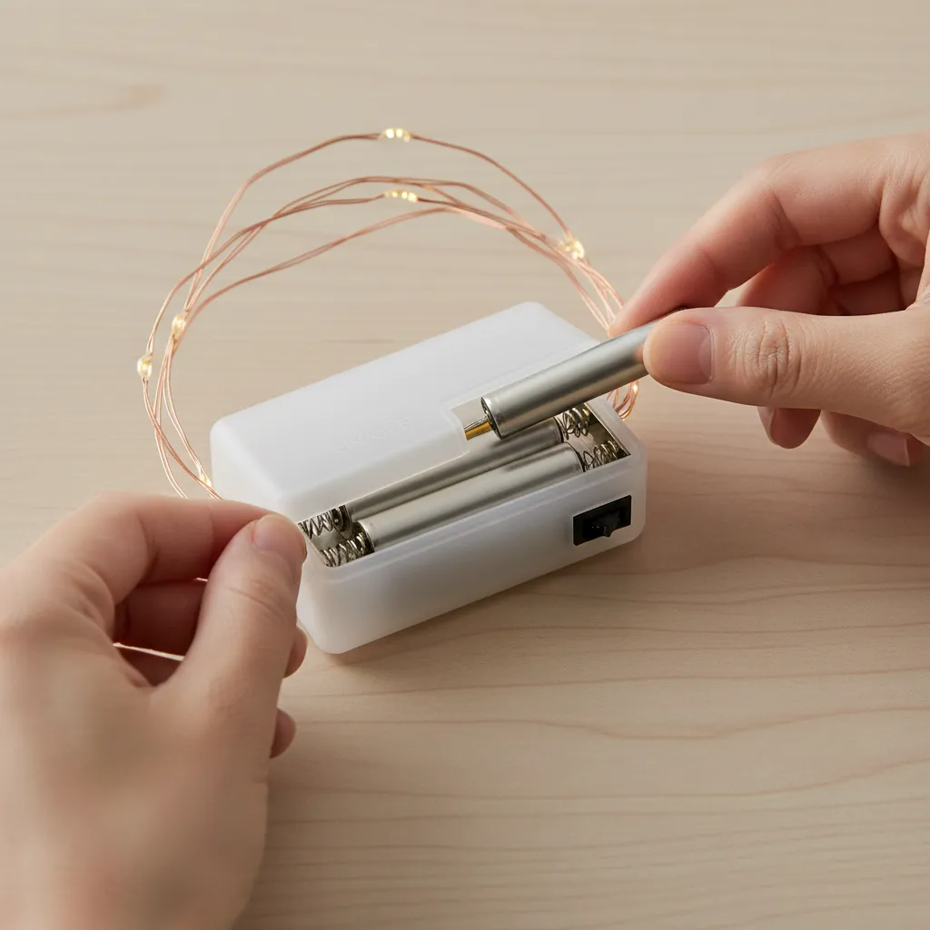 Close-up of battery box and switch for photo clip string lights