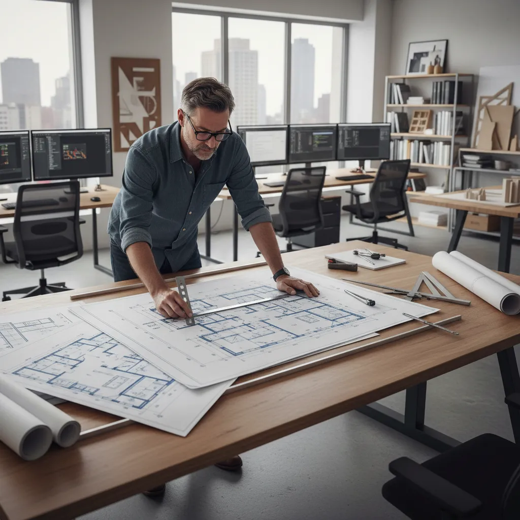 Architect reviewing planning application drawings and floor plan layouts