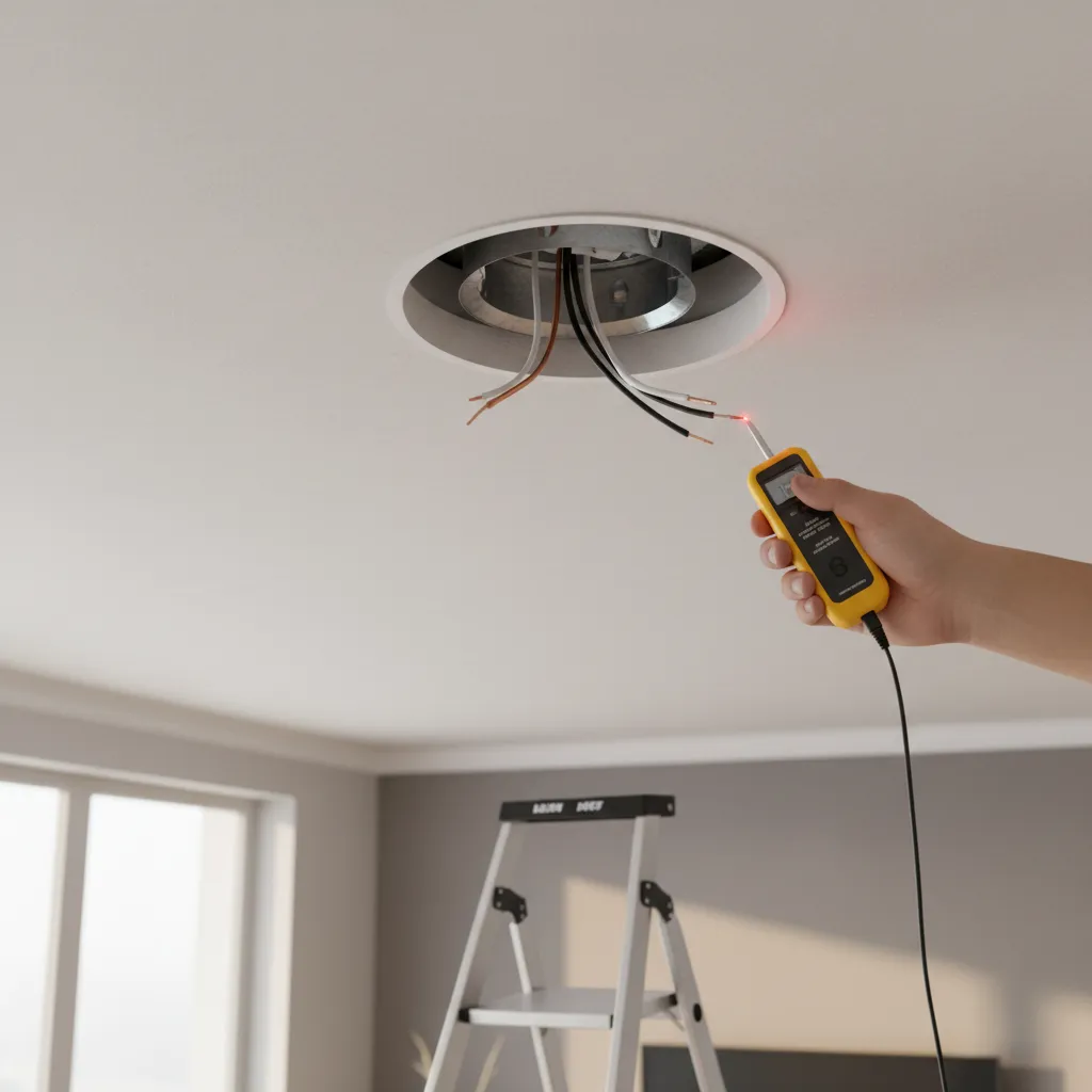 Homeowner using voltage tester on recessed ceiling light wiring