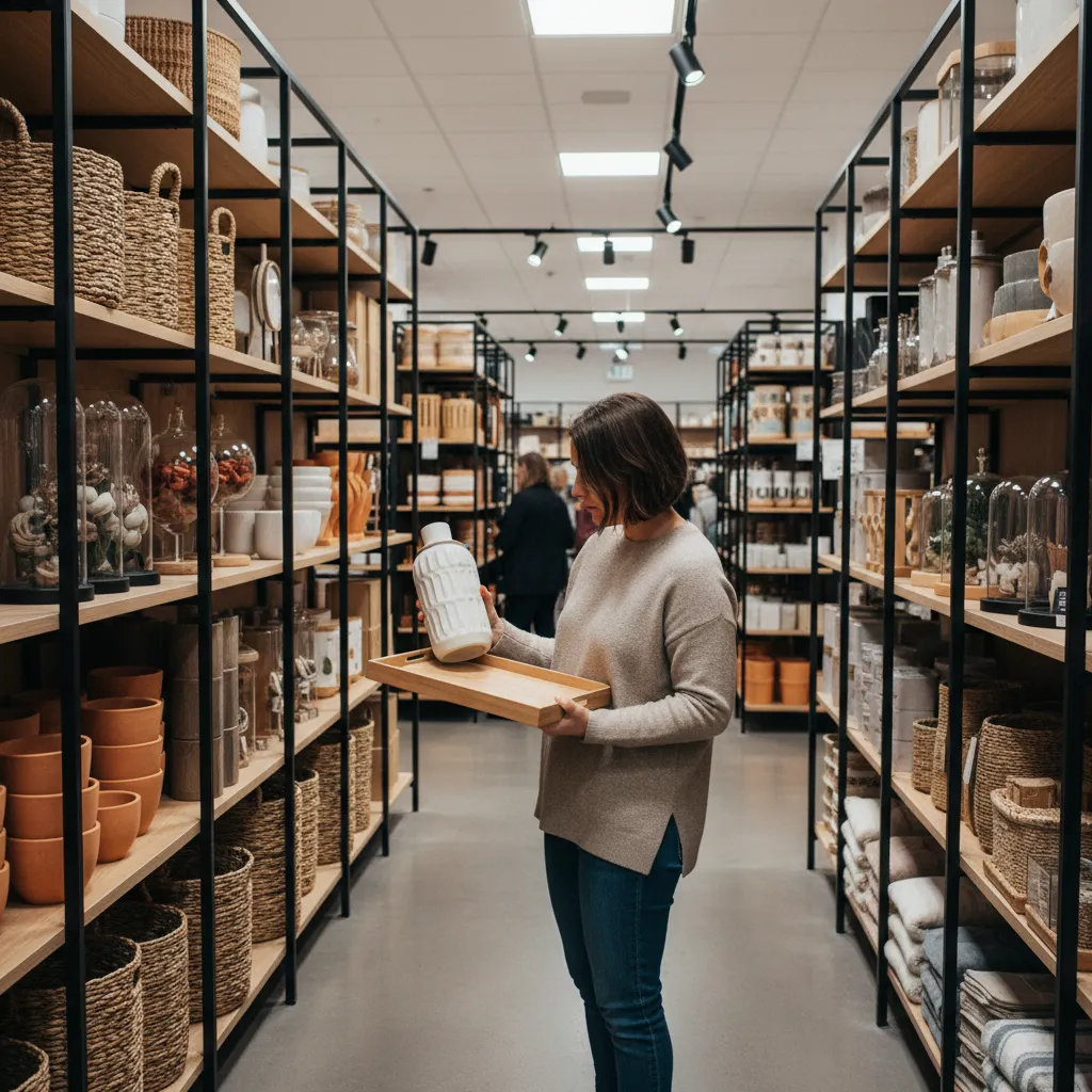 shopper inspecting decorative vase and home accessories in store aisle