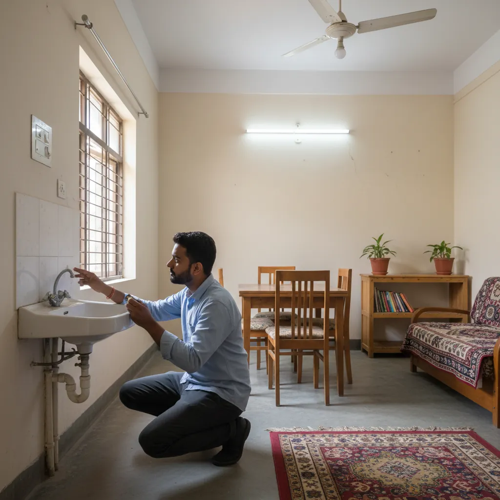 Tenant inspecting walls plumbing and layout in small rental house