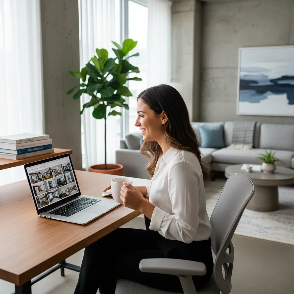 person analyzing apartment rental photos on laptop