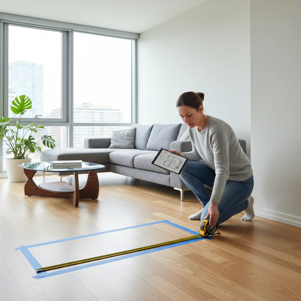 Person measuring living room space before installing air conditioner