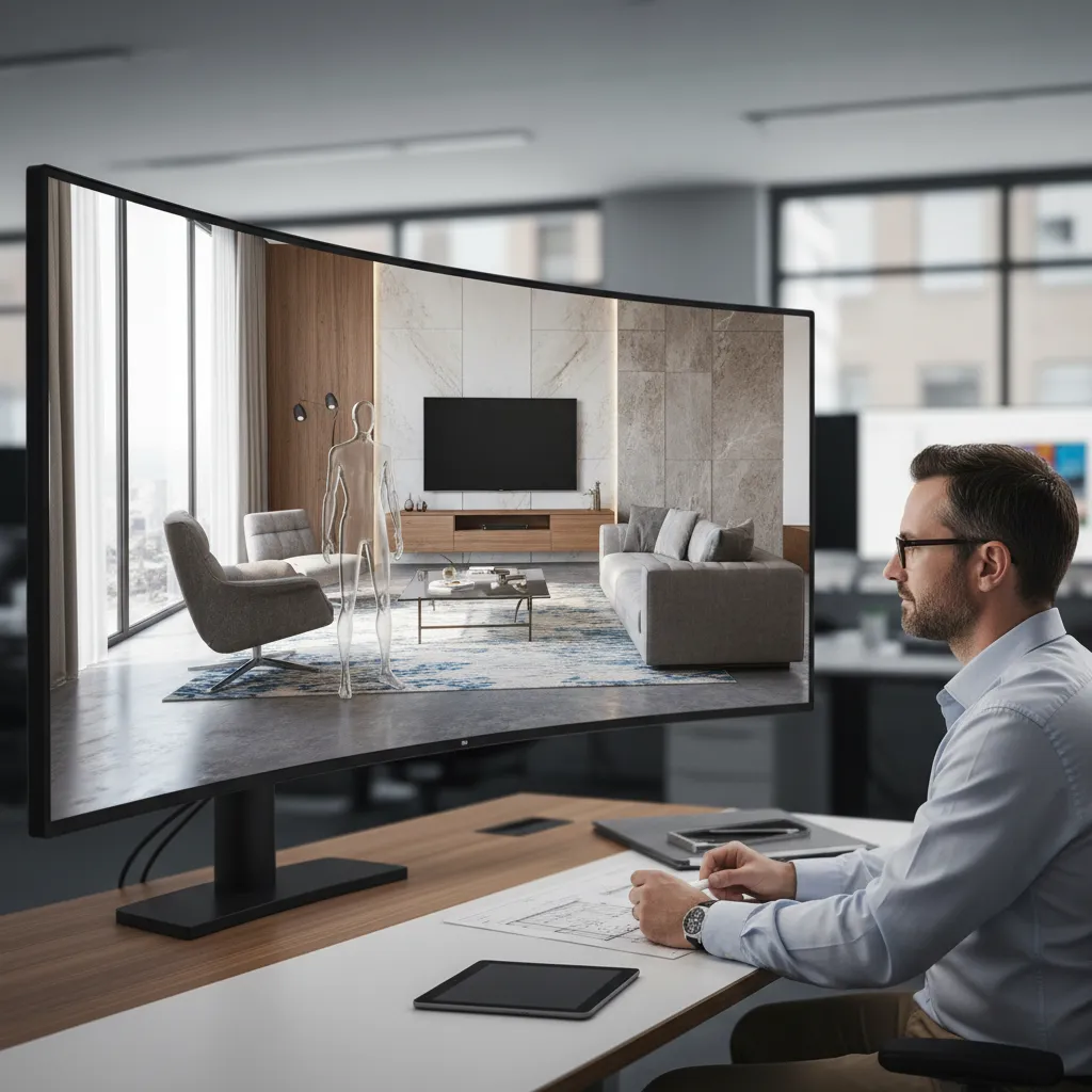 designer verifying furniture scale inside a 3d interior rendering scene