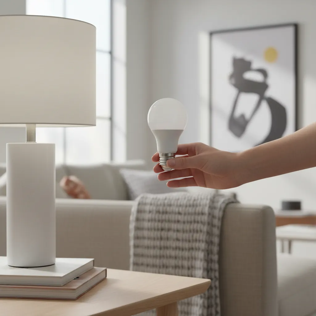 Hand screwing a smart bulb into a lamp socket while checking power connection