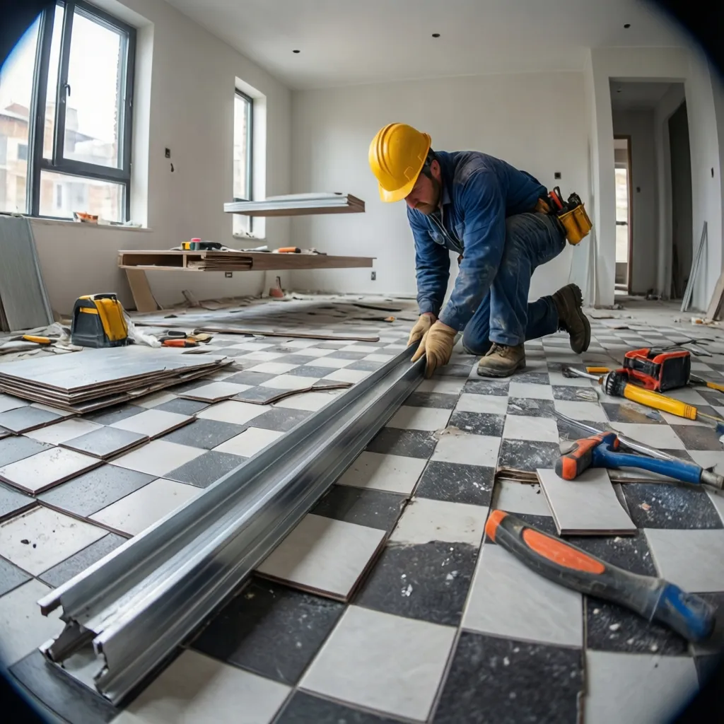 contractor using long straightedge to check floor level before tile repair