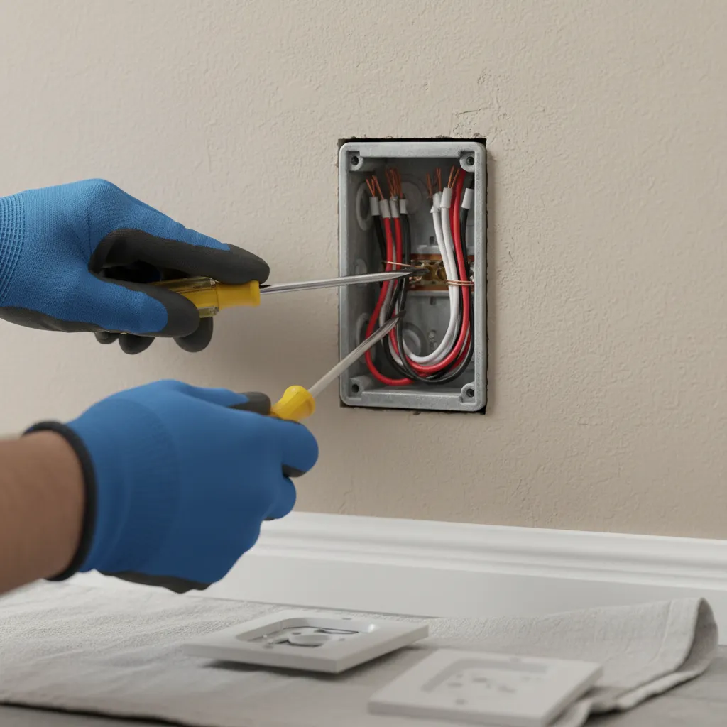electrician inspecting wall switch wiring with screwdriver