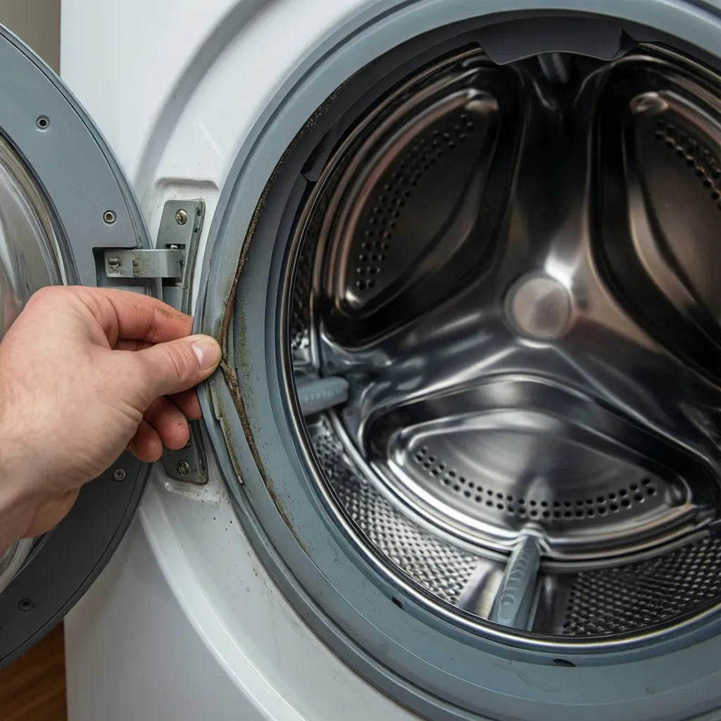 Close view of inspecting a washing machine rubber door seal for mold