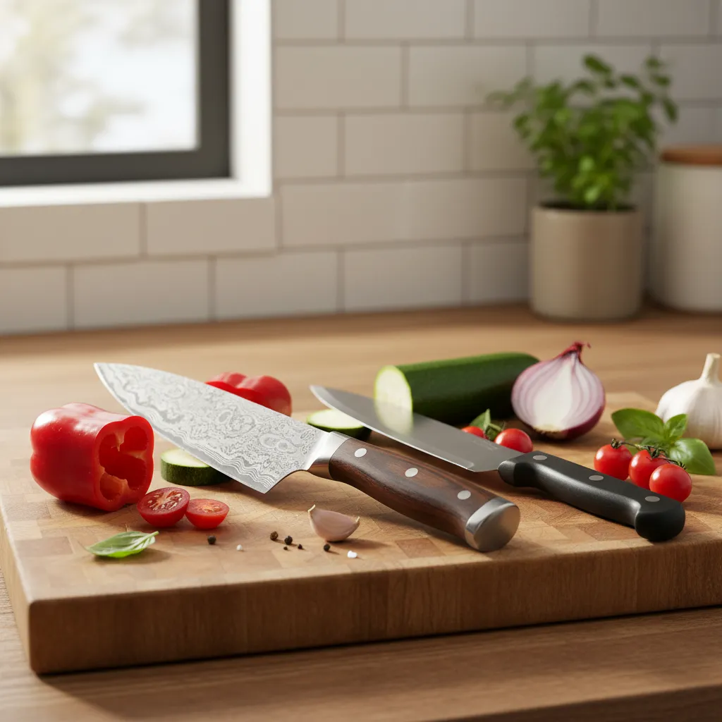 Professional chef knife compared with budget knife on wooden cutting board