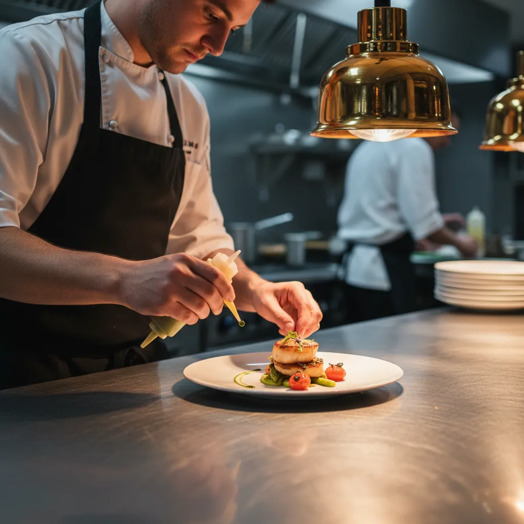 Chef plating a modern fine dining dish in a professional restaurant kitchen