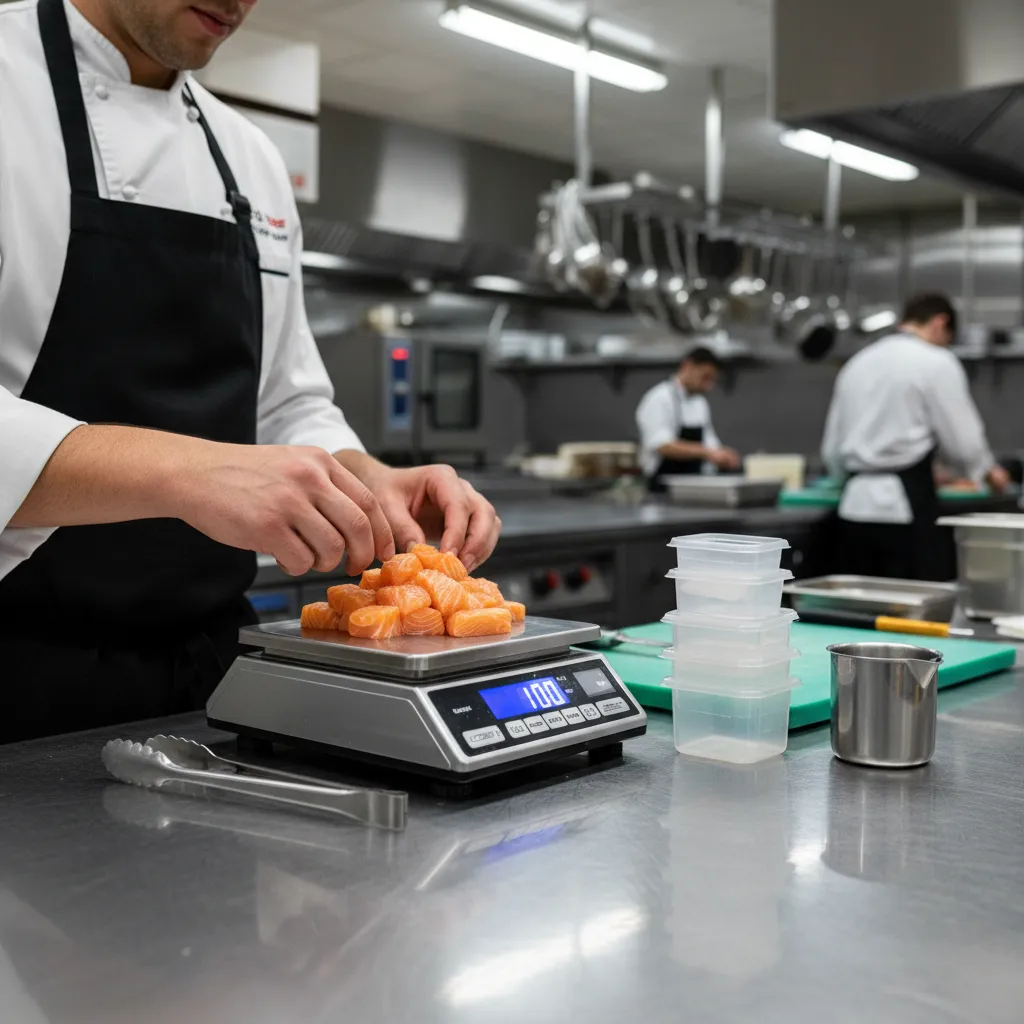 chef using digital scale for portion control in restaurant kitchen