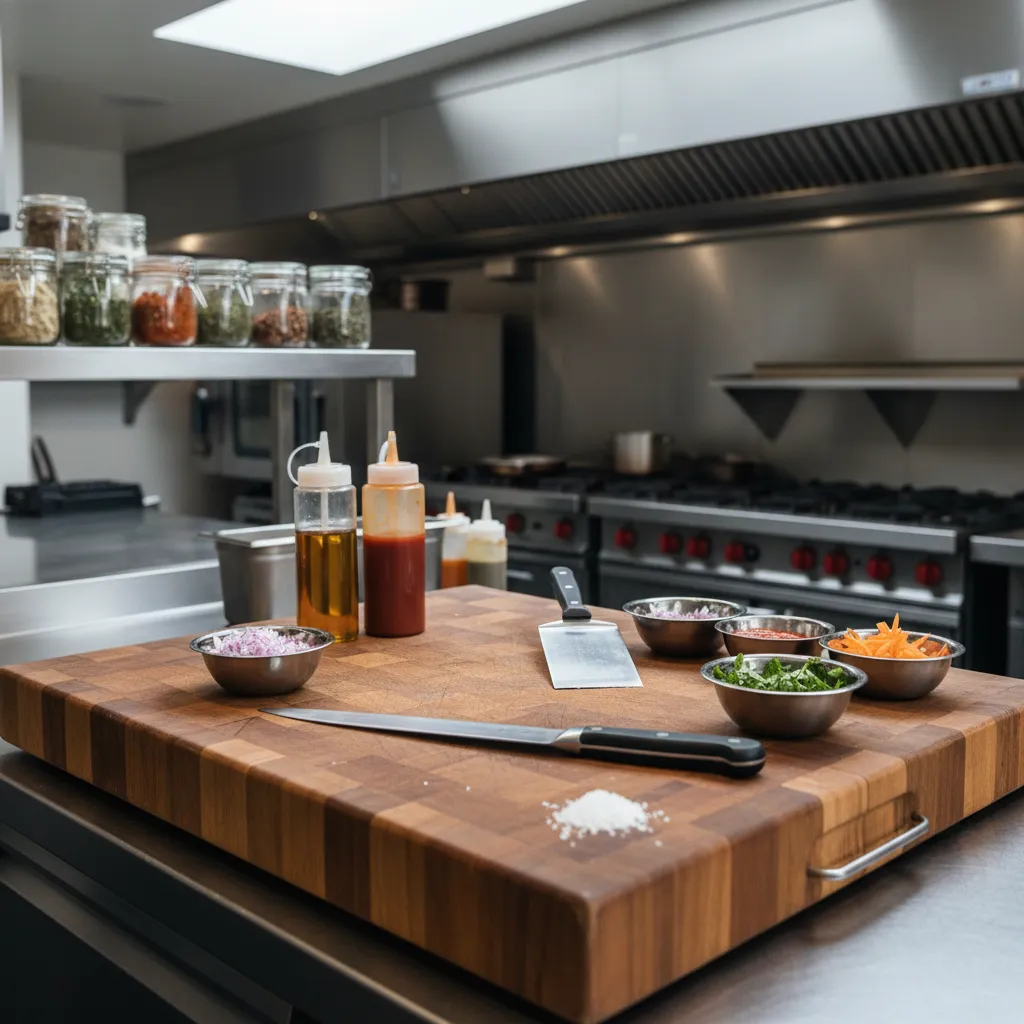 Chef prep station with large cutting board knife and professional cooking tools