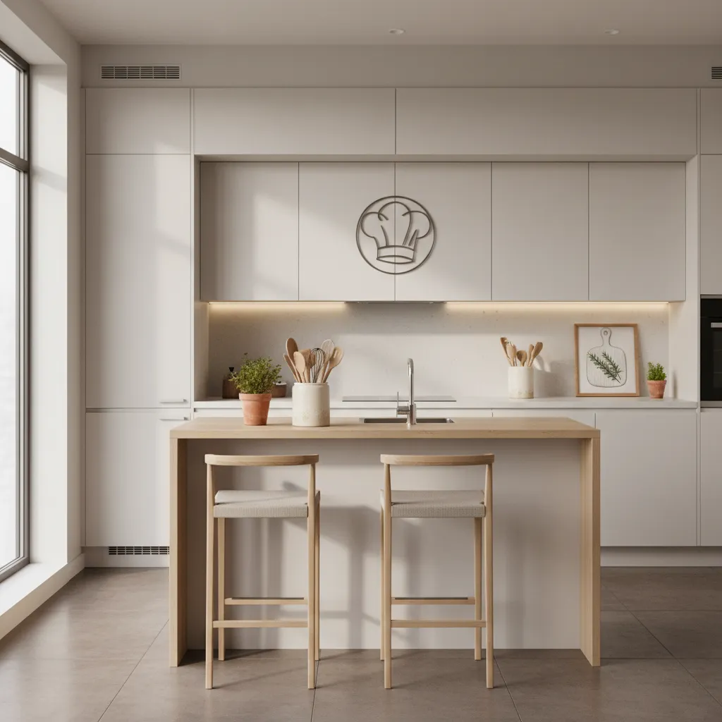 cozy kitchen with minimal chef themed decorations and neutral tones