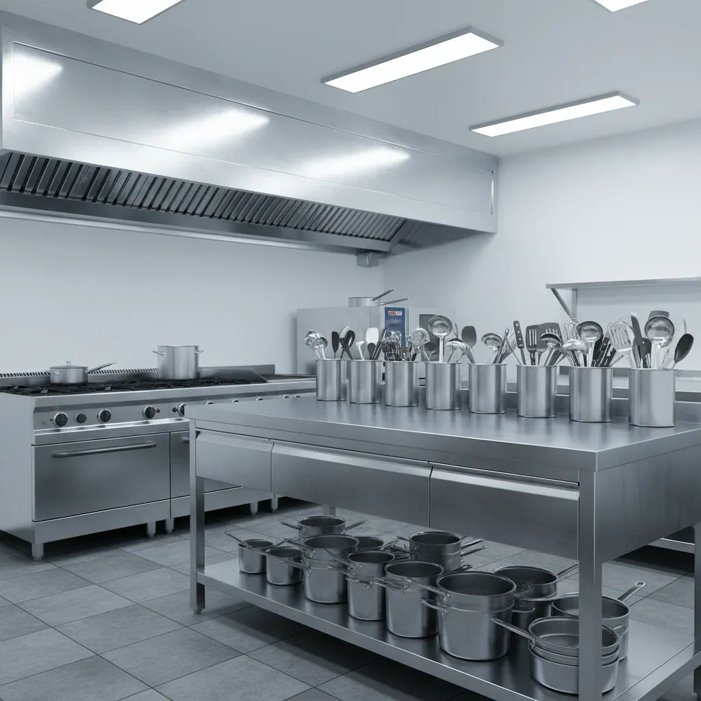 Chef workstation with stainless containers holding cooking utensils