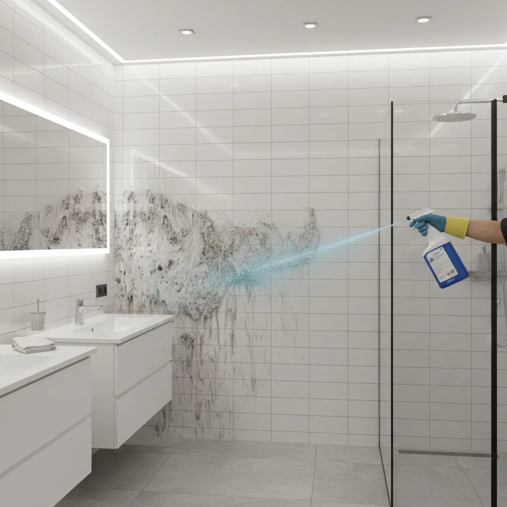 Chemical cleaner removing heavy soap scum from bathroom tiles