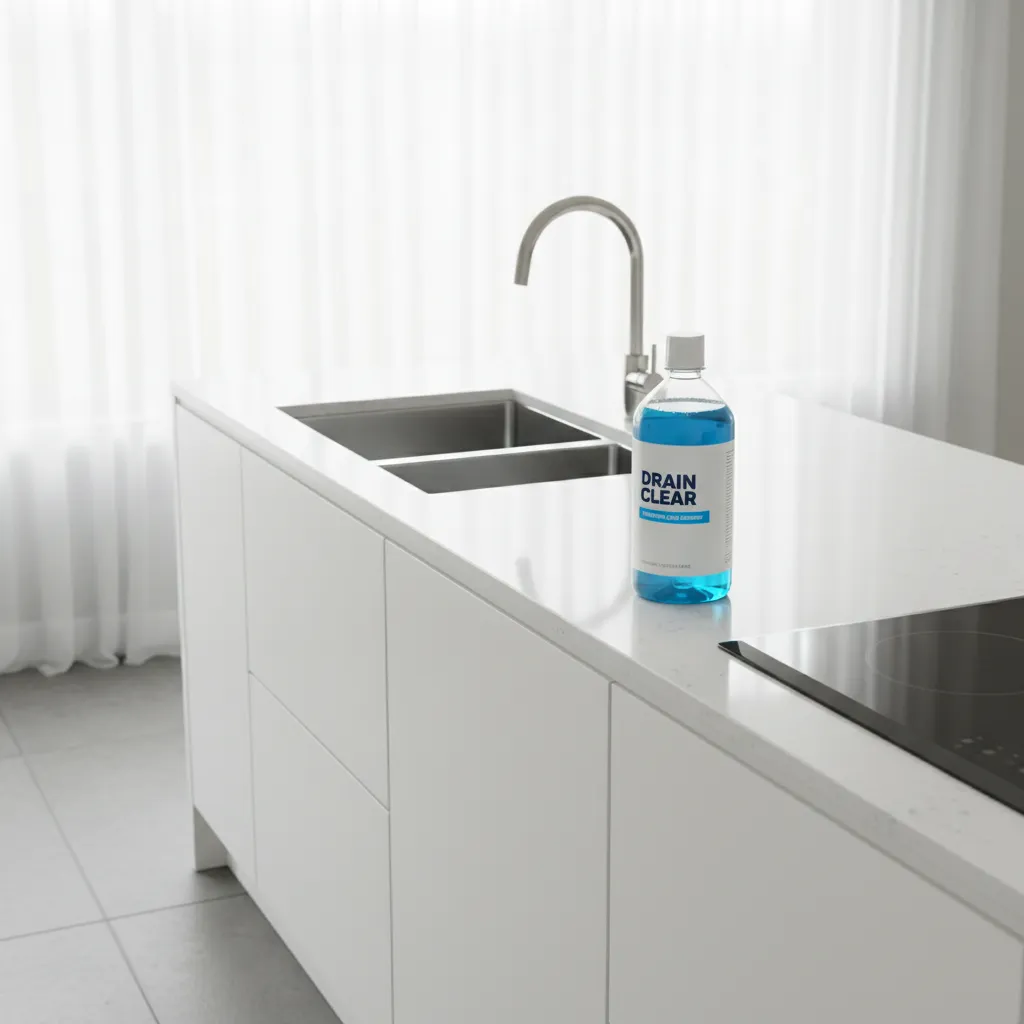 Bottle of chemical drain cleaner beside a kitchen sink
