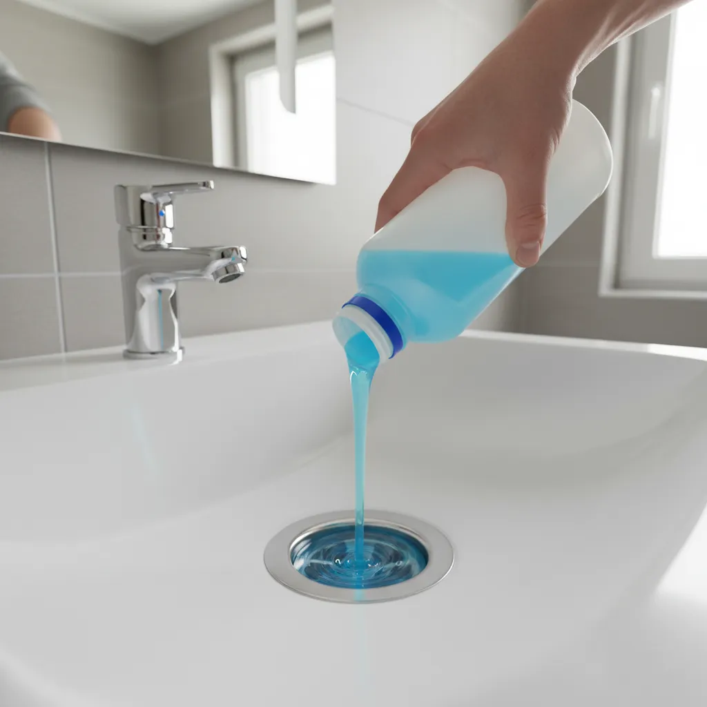 Chemical drain cleaner being poured into bathroom sink drain