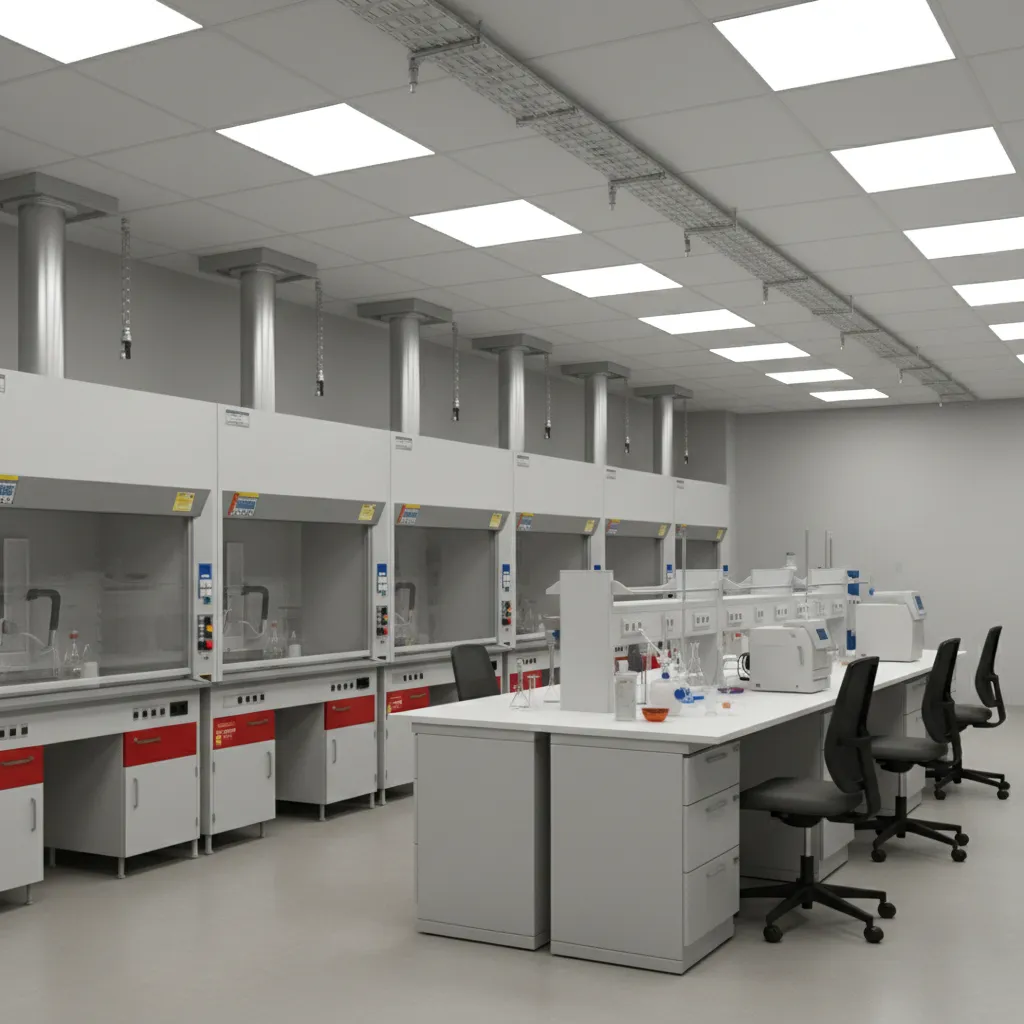 chemical research laboratory with multiple fume hoods and safety ventilation layout