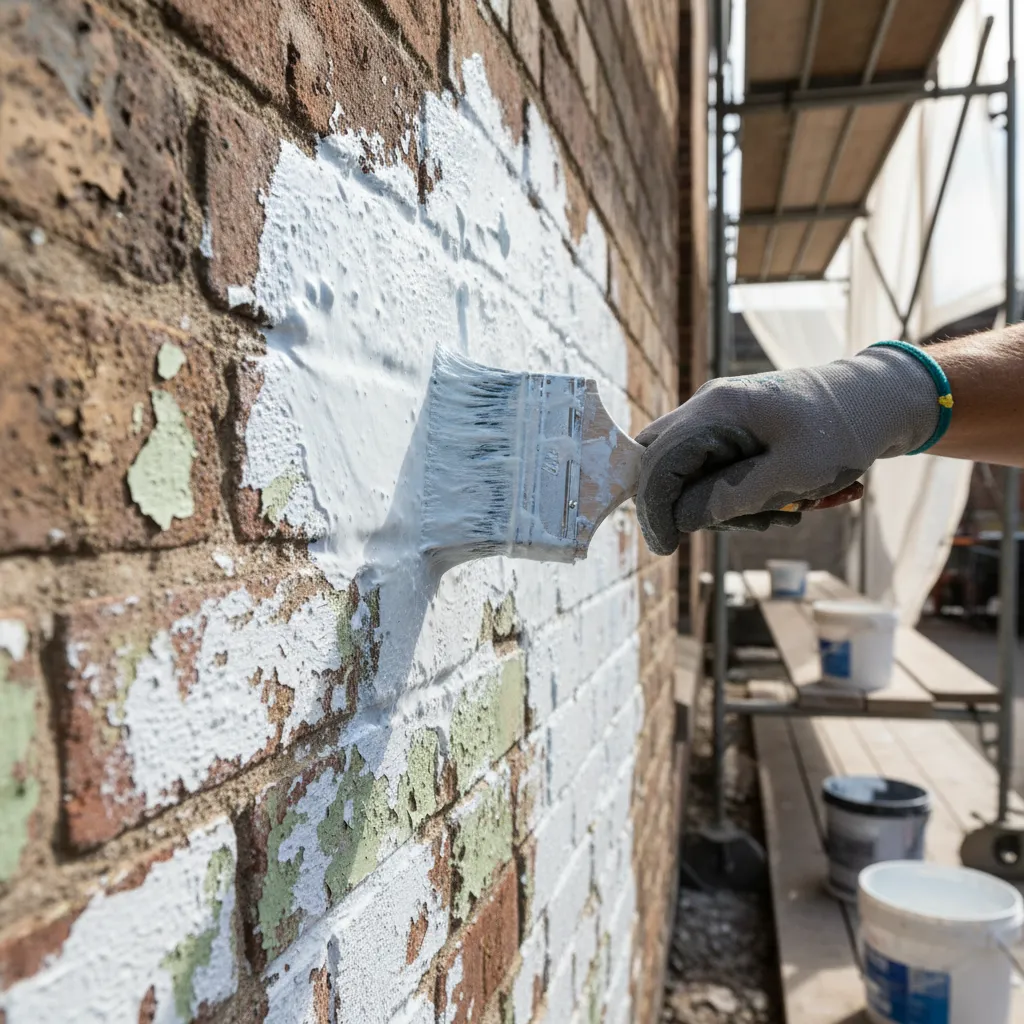 chemical paint remover applied to brick wall during restoration