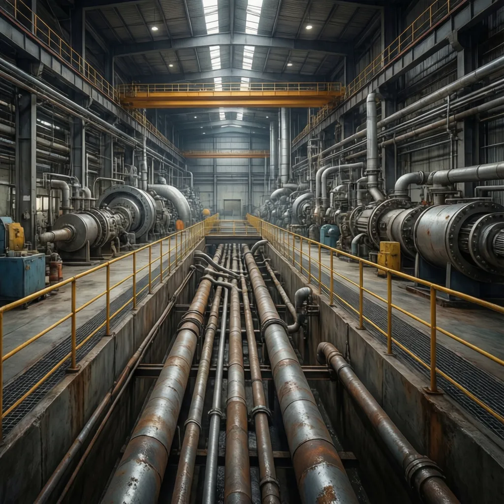 Chemical processing plant floor with containment trenches for hazardous piping
